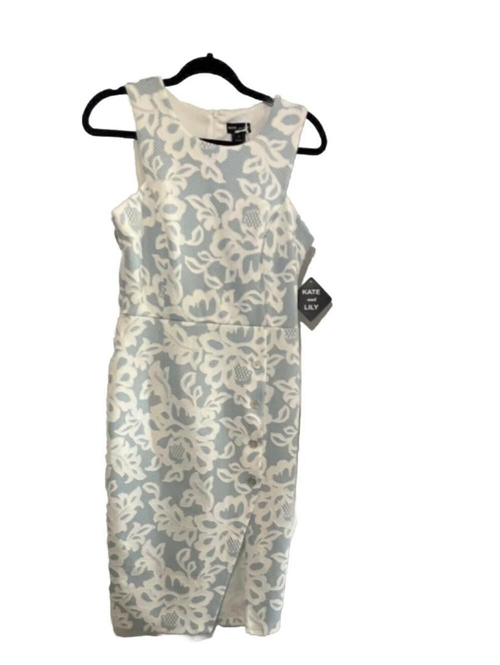 Kate and Lily Powder Blue & White Floral Midi Sheath Dress size 10 NWT